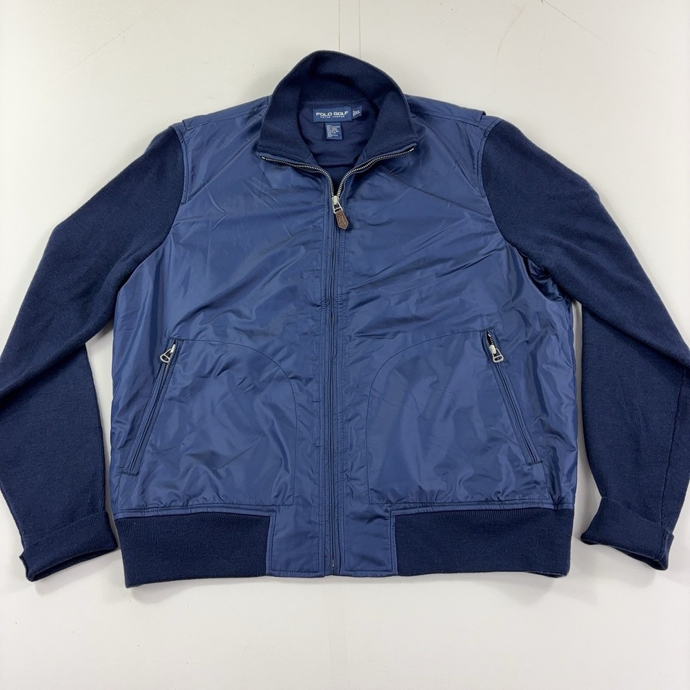 Vintage Polo Golf Ralph Lauren Men's XL Navy Full Zip Jacket Wool Knit Sleeves